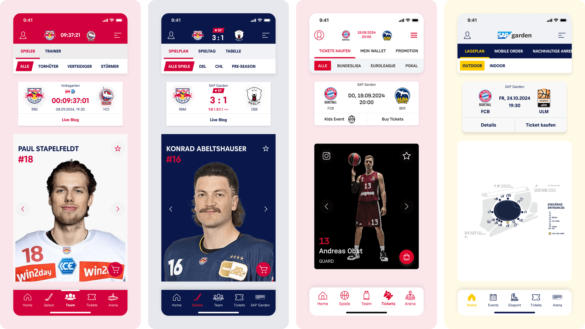 Four mobile app screens showing a sports team interface with player profiles, match scores, ticket purchasing options and venue map.