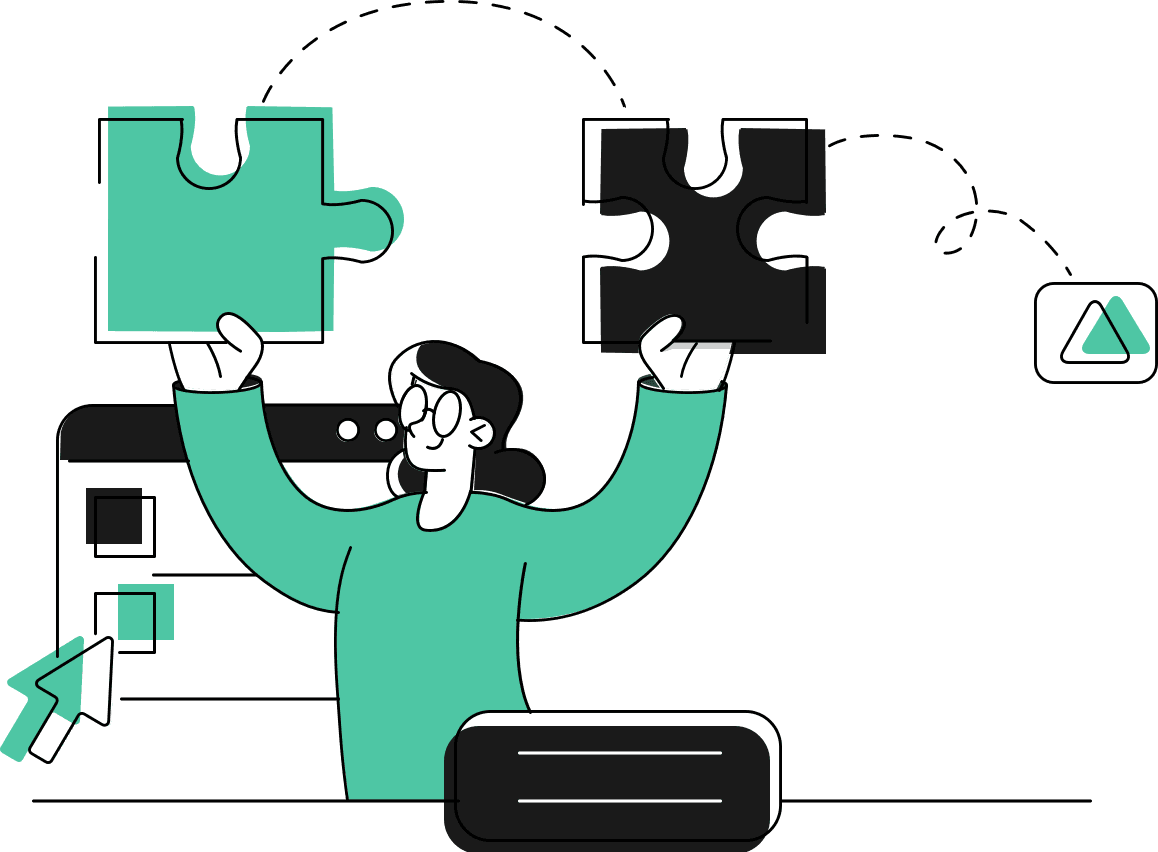 Cartoon figure in green holding up two puzzle pieces, one green and one black, illustrating problem-solving concept.