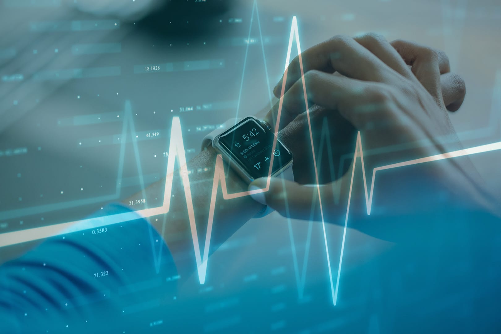 Hand wearing smartwatch with digital health monitoring display, overlaid with heartbeat line graph in teal blue tones.