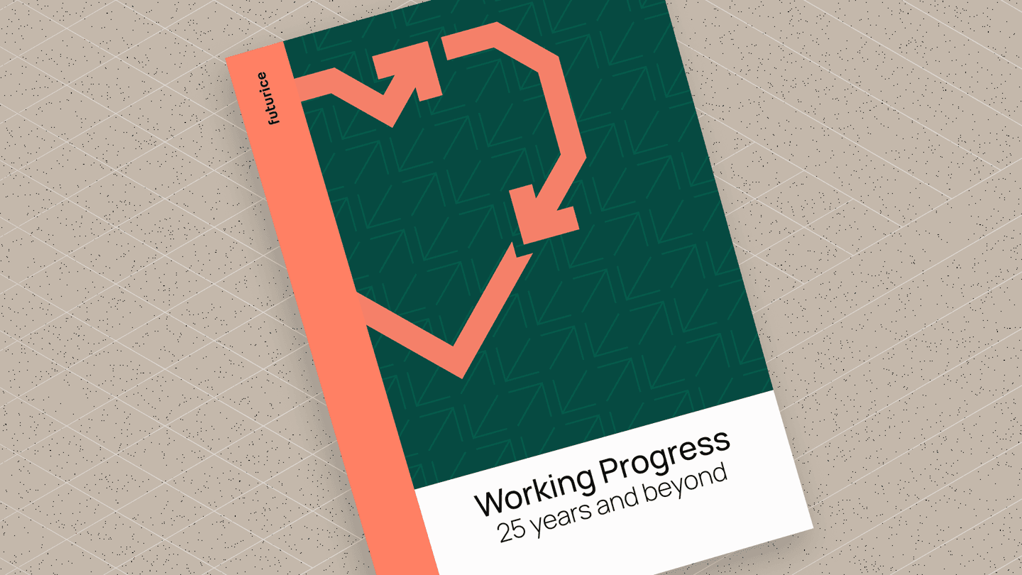 Book cover with coral arrows forming a heart shape on dark green background, titled "Working Progress: 25 years and beyond"