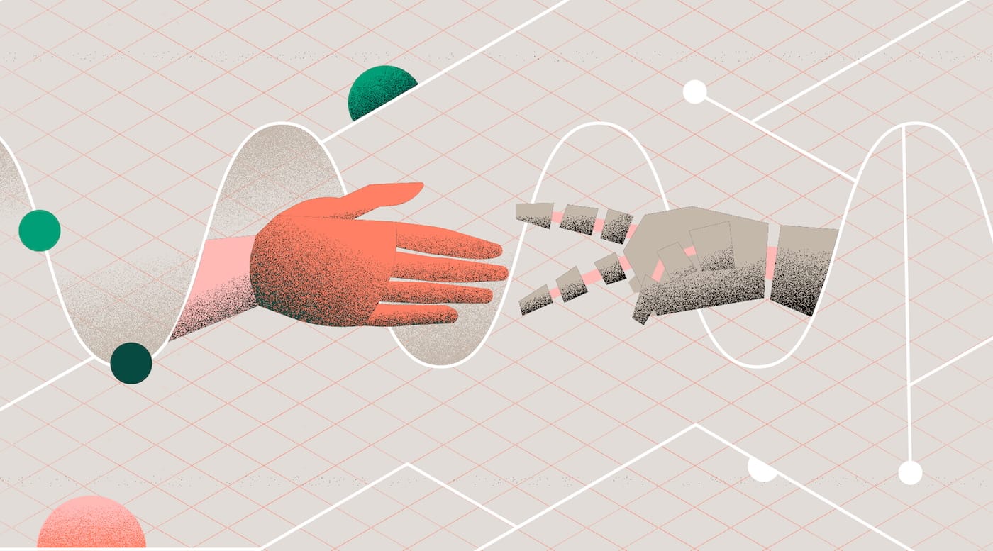 Abstract illustration of a coral-coloured hand reaching towards fragmented grey shapes on a grid background with green circles.