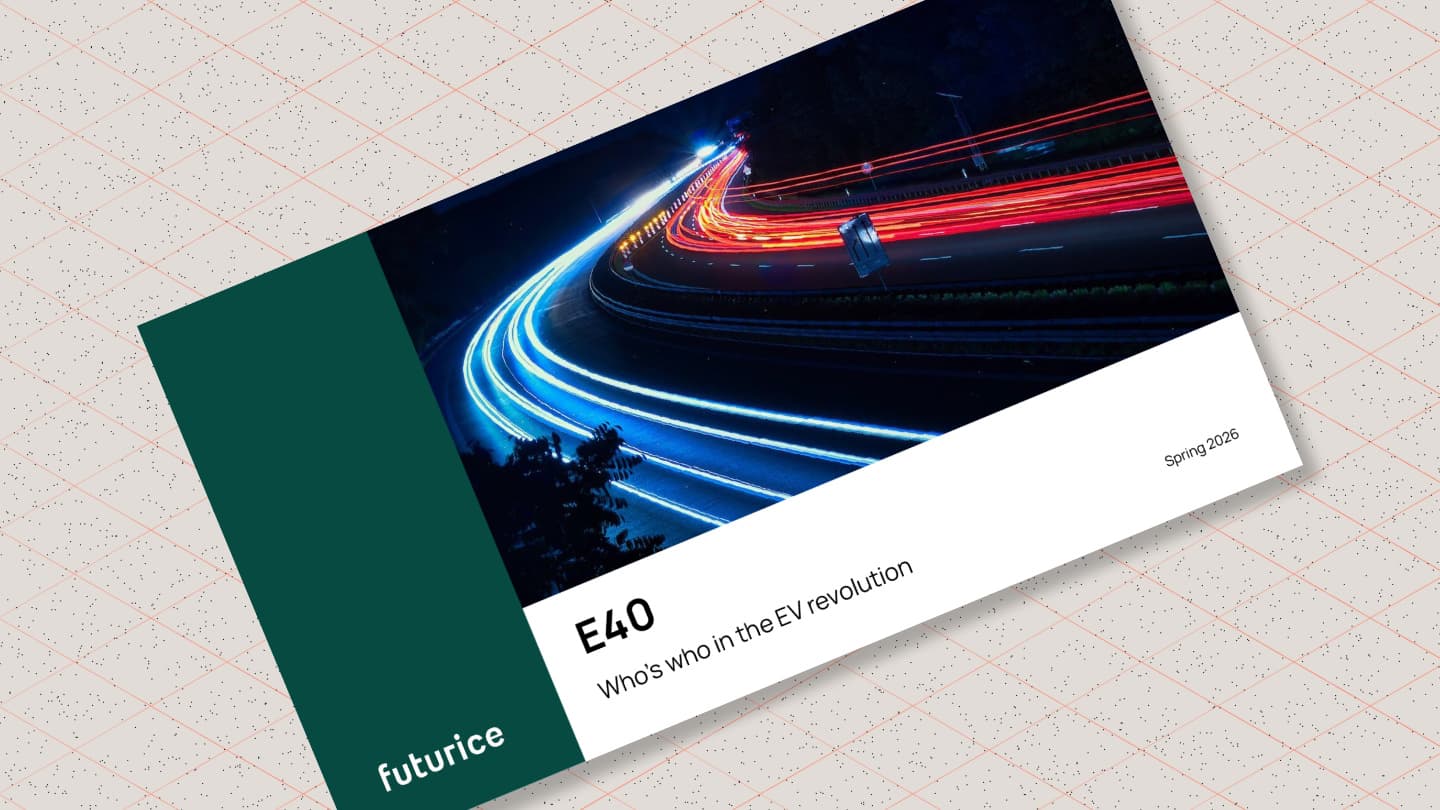 Long exposure of highway light trails at night on E40 report cover about EV revolution by Futurice, Spring 2026.