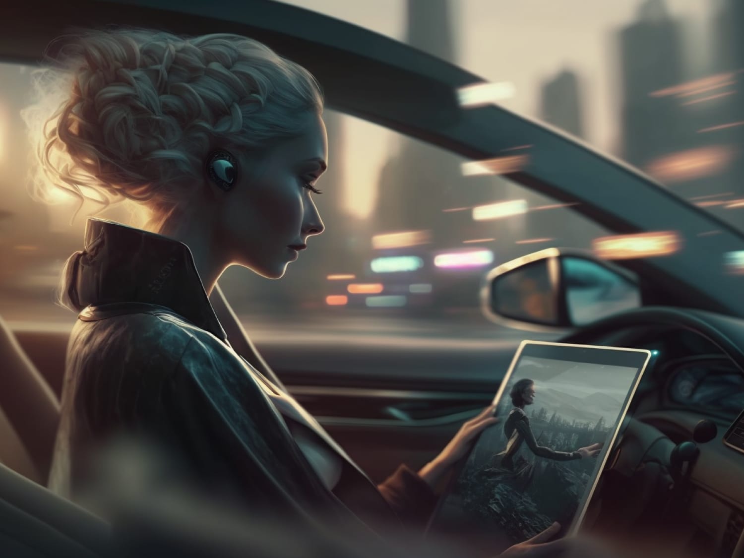 Person with upswept hair in car viewing tablet with futuristic cityscape, wearing wireless earpiece against blurred city lights.