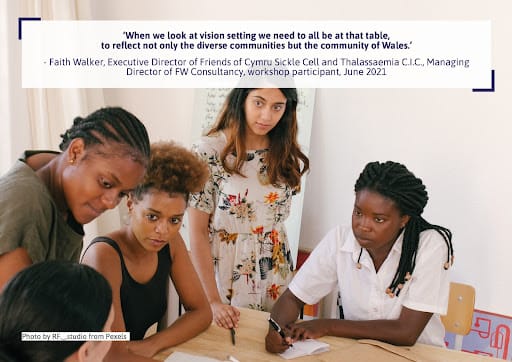 A diverse group of people gathered around a table examining documents, with a quote about inclusive vision setting above.