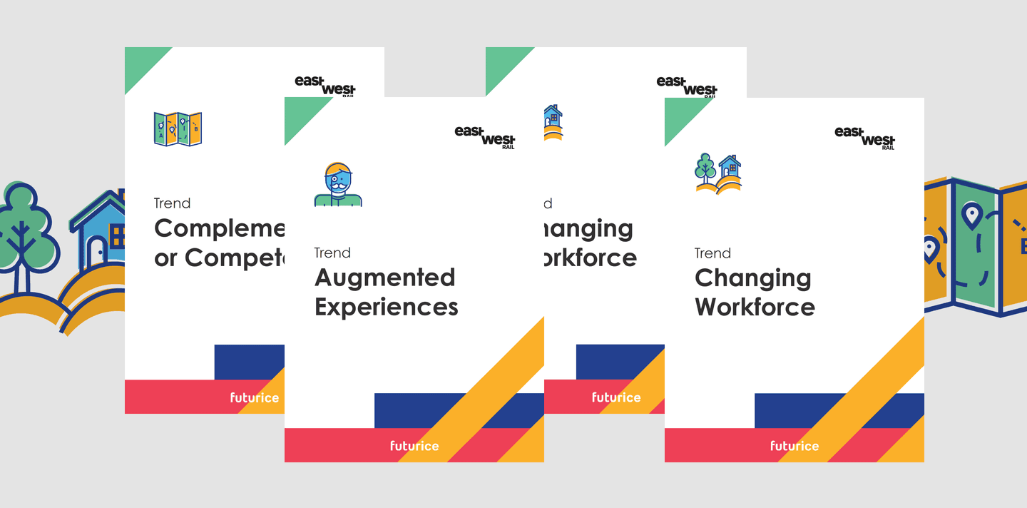 East West Rail trend cards showing "Augmented Experiences" and "Changing Workforce" with colourful icons and Futurice branding.