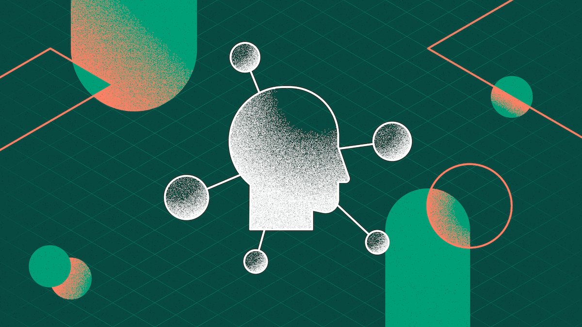Abstract illustration of a profile silhouette with connected nodes on a dark green background with geometric shapes.