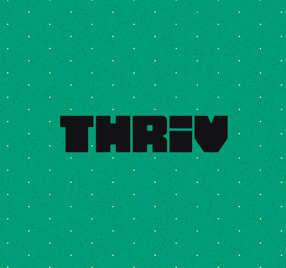 THRIV logo displayed on a bright teal background with small white dots scattered throughout the design.