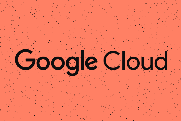 Google Cloud logo displayed on a coral pink background with subtle speckled texture.
