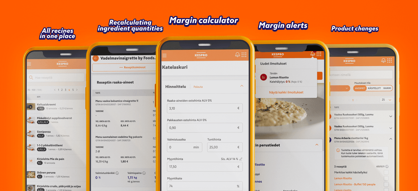 Four smartphone screens showing a recipe management app with features for ingredient calculations and margin alerts on orange background.