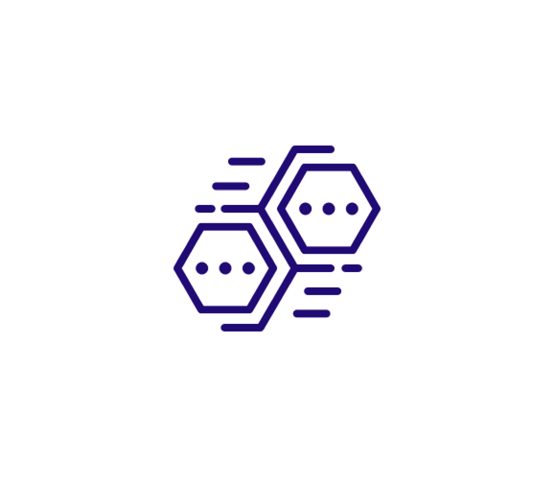 Purple line icon showing two connected hexagons with dots inside, representing data or technology network connections.