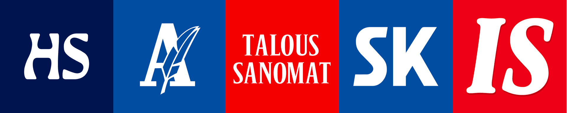 Logos of Finnish news publications displayed in a row: HS, Aamulehti, Talous Sanomat, SK and IS on coloured backgrounds.
