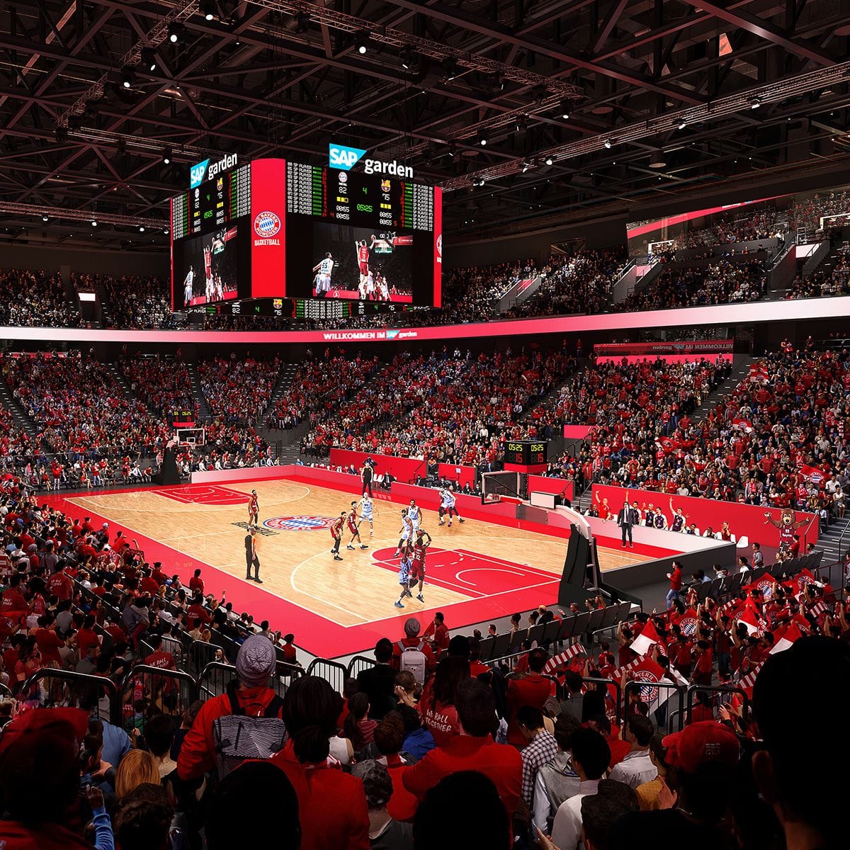 Basketball game at SAP Garden arena with red court, packed stands of fans in red, and large scoreboard displays overhead.