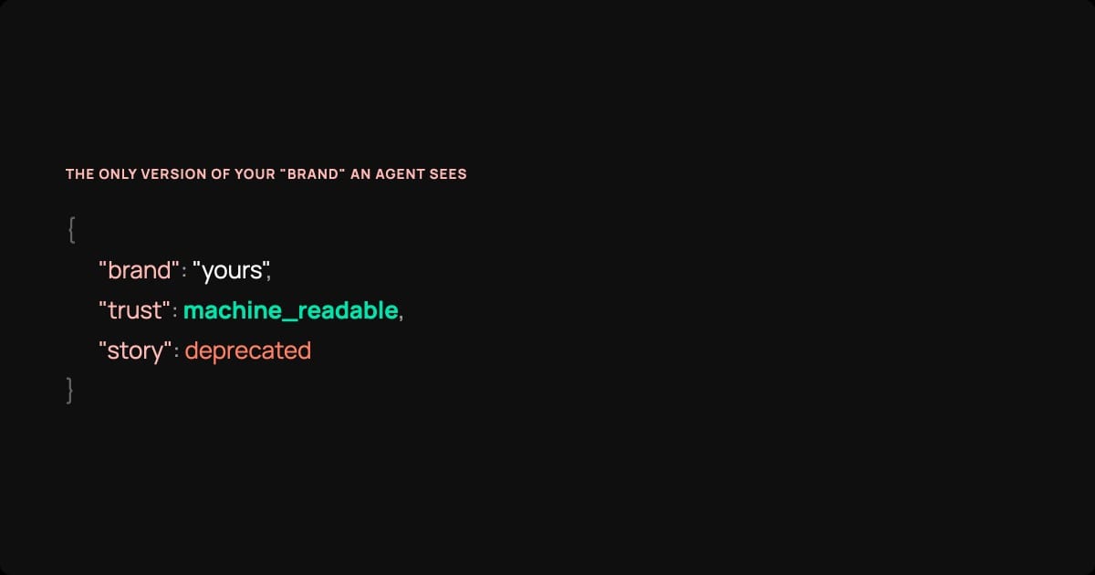 Dark background displaying JSON code showing how an AI agent reads a brand: trust as machine_readable, story as deprecated.