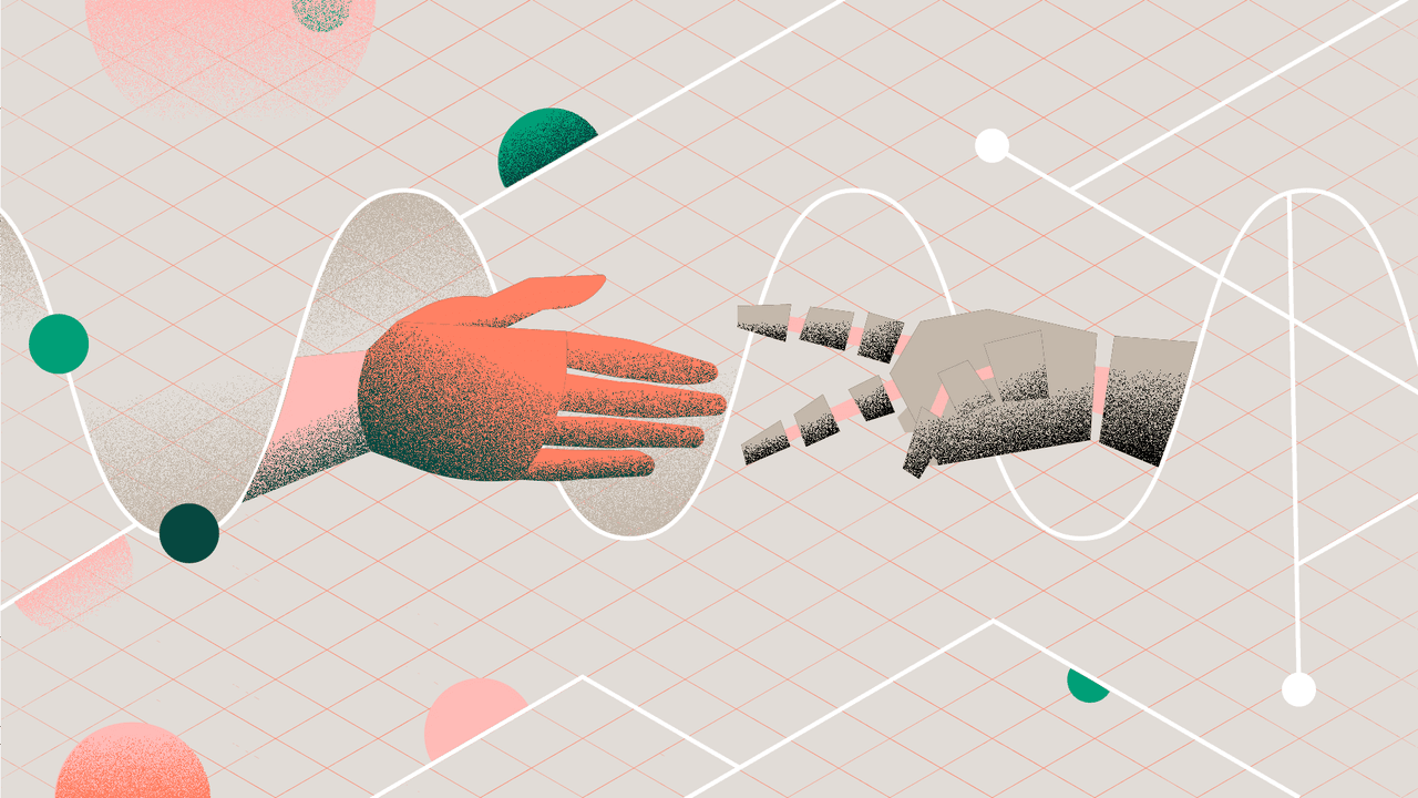 Abstract illustration of a coral-coloured hand reaching toward a robotic hand against a grid background with geometric shapes.