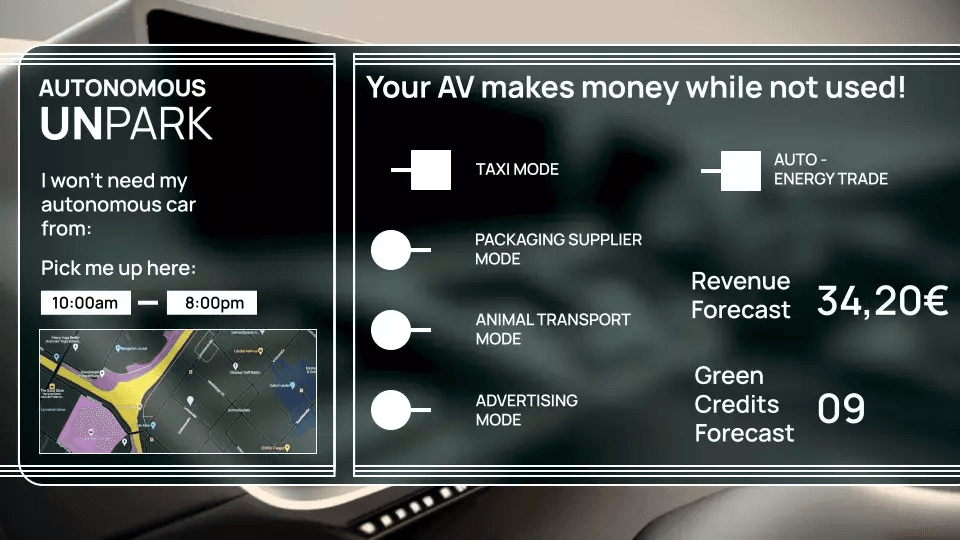 Autonomous vehicle interface showing UNPARK scheduling and revenue-generating options while car is not in use.