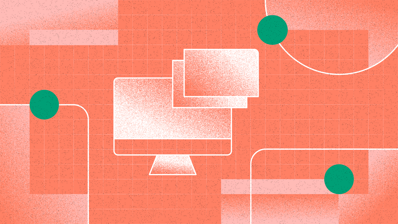 Abstract digital illustration with computer monitor on coral background, connected to green circles by white lines.